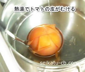 熱湯でトマトの皮がむける