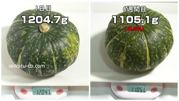 そのまま野菜室で保存したかぼちゃの1日目から6週間目までの重さの変化