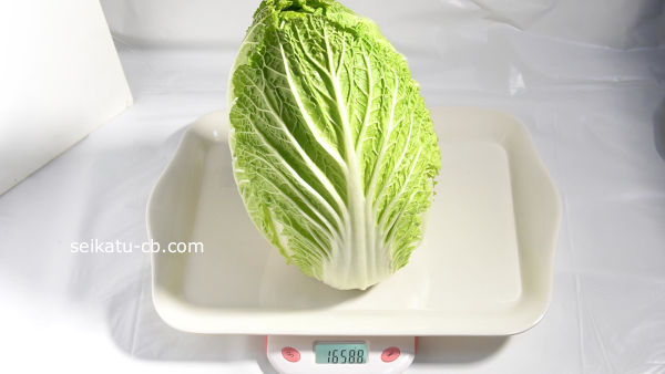 常温保存した白菜1日目の重さは1658.8g