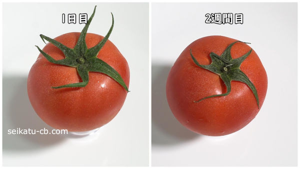 トマトをそのまま冷蔵保存1日目と2週間目