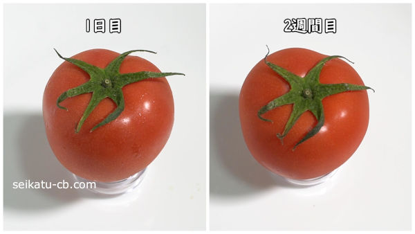 トマトをポリ袋に入れて冷蔵保存1日目と2週間目