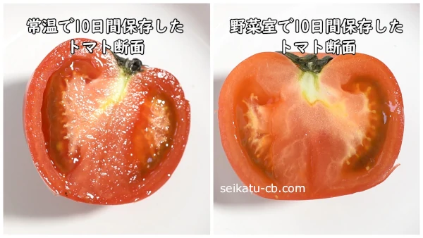10日間常温保存したトマトと野菜室で保存したトマトのカットした断面を比較