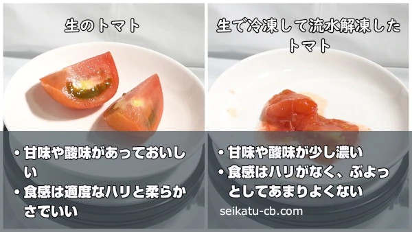 生のトマトと丸ごと冷凍して流水解凍したトマトの味や食感の違い
