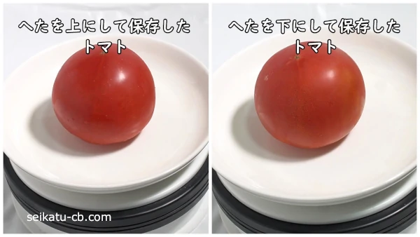 へたを上にして保存したトマトとへたを下にして保存したトマトの底側を比較