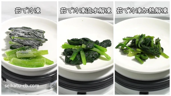茹でて冷凍した小松菜とそれを流水解凍したものと加熱解凍したものを比較