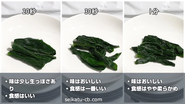 20秒、30秒、1分茹でた小松菜の葉の味や食感の違い