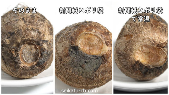 それぞれの保存方法で10日間保存した里芋の断面の違い