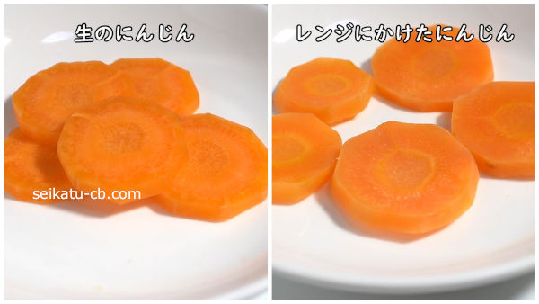 生のにんじんとレンジで加熱したにんじんを比較
