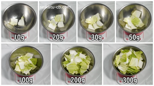 白菜のざく切り10g、20g、30g、50g、100g、200g、300g
